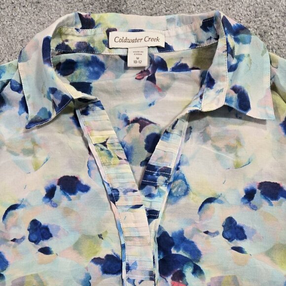 Coldwater Creek Silk Blend Watercolor Petal Roll Tab Sleeve Button-Up Shirt - Picture 4 of 9